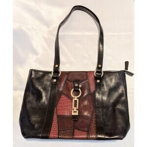 Vintage Etienne Aigner Black Leather Shoulder Bag Tote Embossed Snakeskin Mosaic